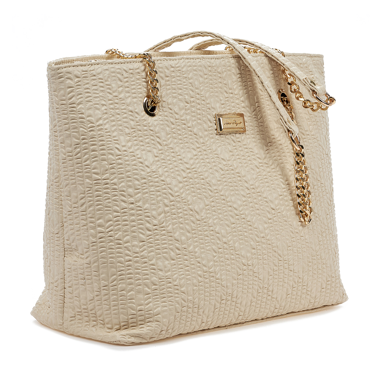 Sequoia Γυναικεία Τσάντα Ώμου (Μεγάλη)  με Ανάγλυφο Μοτίβο και Χρυσή Αλυσίδα V-837BU Μπεζ