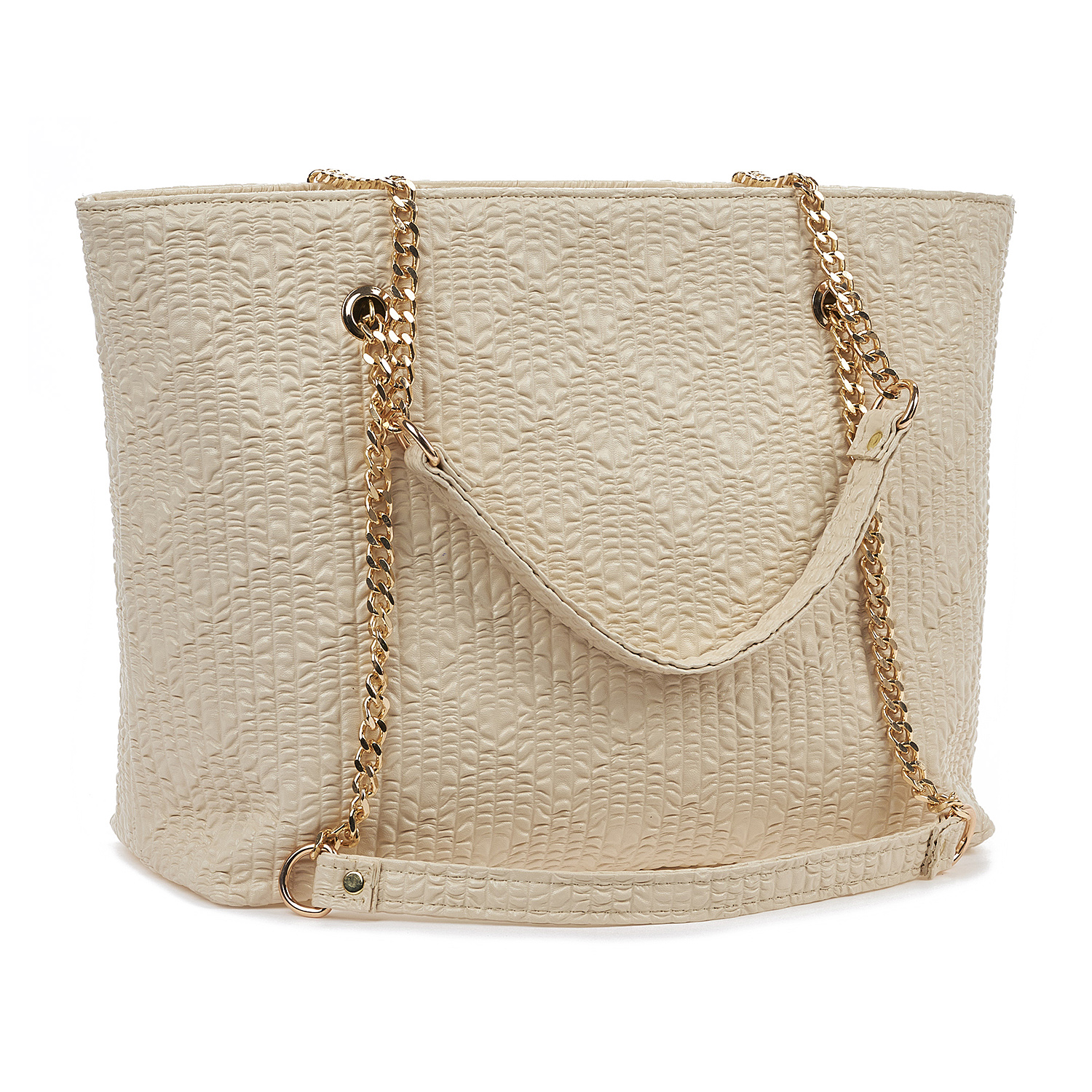 Sequoia Γυναικεία Τσάντα Ώμου (Μεγάλη)  με Ανάγλυφο Μοτίβο και Χρυσή Αλυσίδα V-837BU Μπεζ