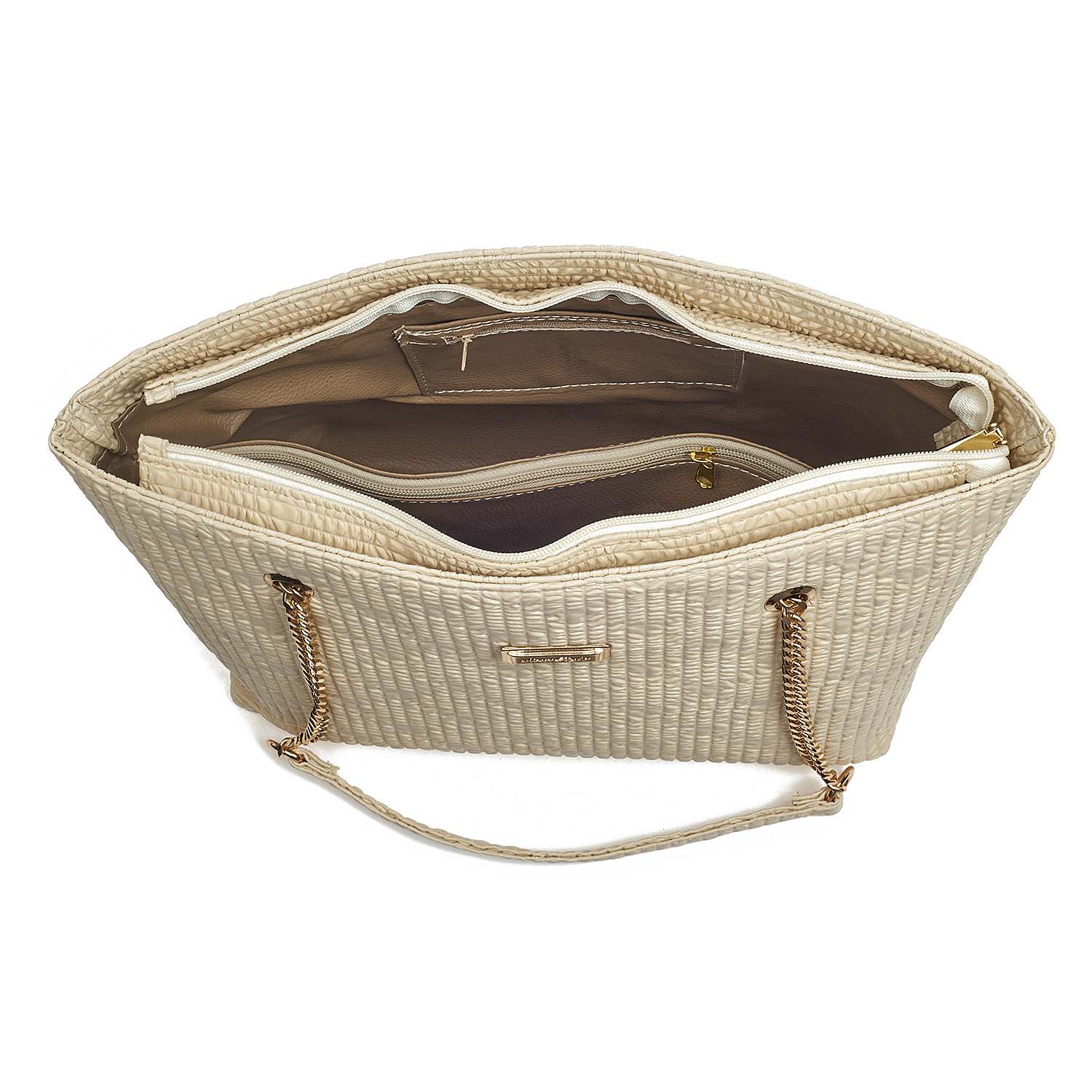 Sequoia Γυναικεία Τσάντα Ώμου (Μεγάλη)  με Ανάγλυφο Μοτίβο και Χρυσή Αλυσίδα V-837BU Μπεζ