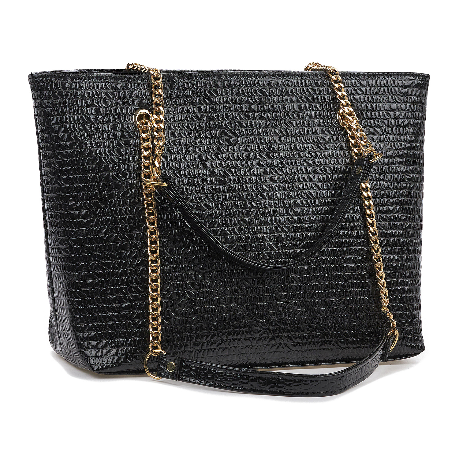 Sequoia Γυναικεία Τσάντα Ώμου (Μεγάλη) με Ανάγλυφο Μοτίβο και Χρυσή Αλυσίδα V-837BU Μαύρο