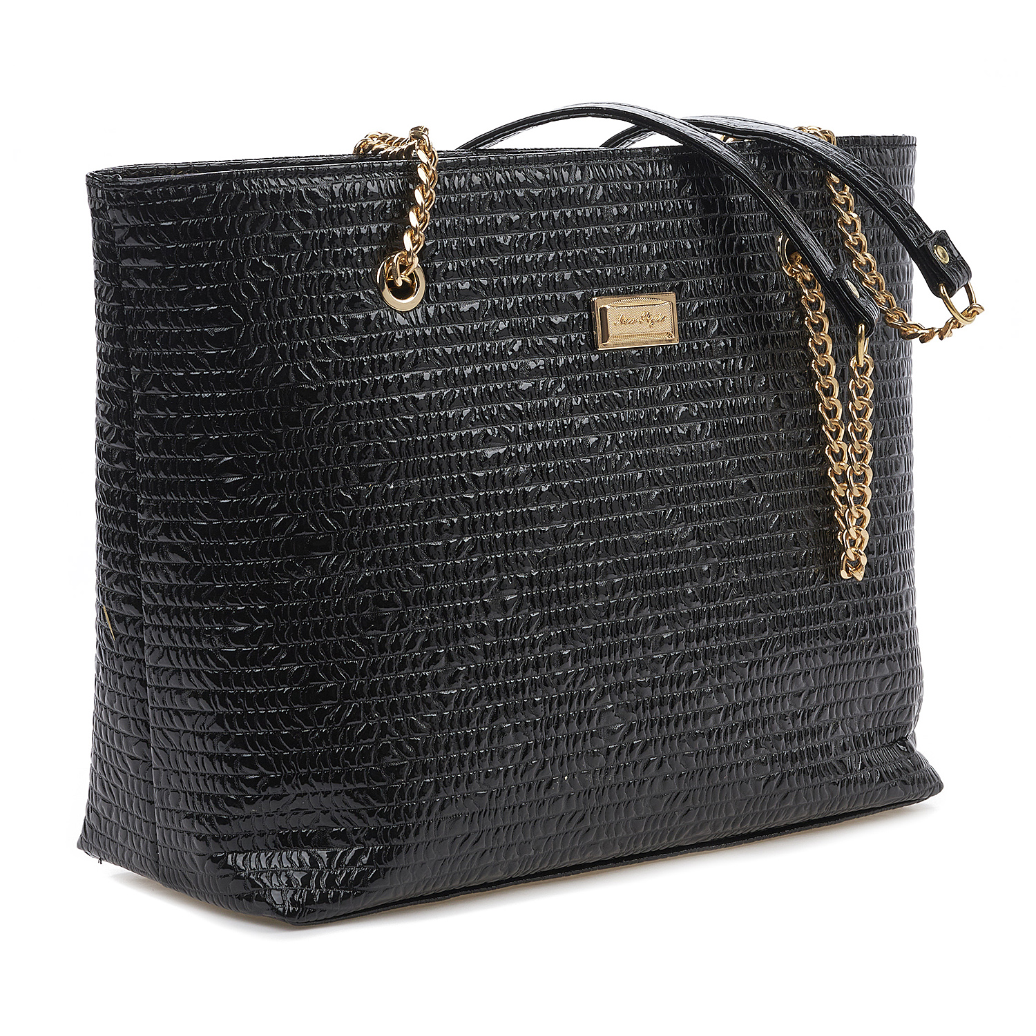 Sequoia Γυναικεία Τσάντα Ώμου (Μεγάλη) με Ανάγλυφο Μοτίβο και Χρυσή Αλυσίδα V-837BU Μαύρο
