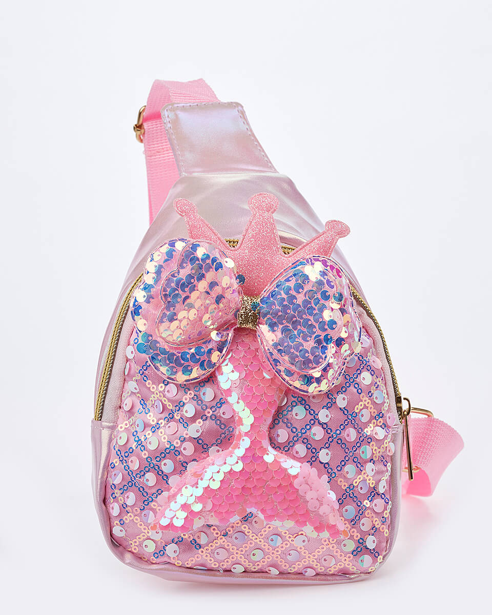 Παιδική Τσάντα Χιαστί Γοργόνα με Κορώνα & Φιόγκο XK-10009 PINK