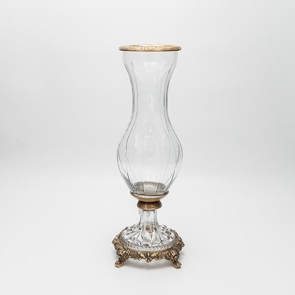 ΒΑΖΟ ΓΥΑΛΙΝΟ ΜΕ ΜΕΤΑΛΛΙΚΑ ΤΕΛΕΙΩΜΑΤΑ ΑΝΤΙΚΕ ΧΡΥΣΟ-ΔΙΑΦΑΝΕΣ ΓΥΑΛΙ 13x13x36cm