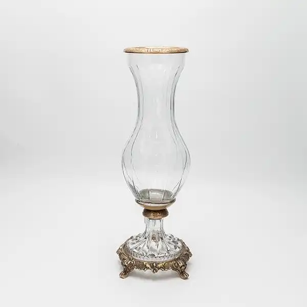 ΒΑΖΟ ΓΥΑΛΙΝΟ ΜΕ ΜΕΤΑΛΛΙΚΑ ΤΕΛΕΙΩΜΑΤΑ ΑΝΤΙΚΕ ΧΡΥΣΟ-ΔΙΑΦΑΝΕΣ ΓΥΑΛΙ 13x13x36cm