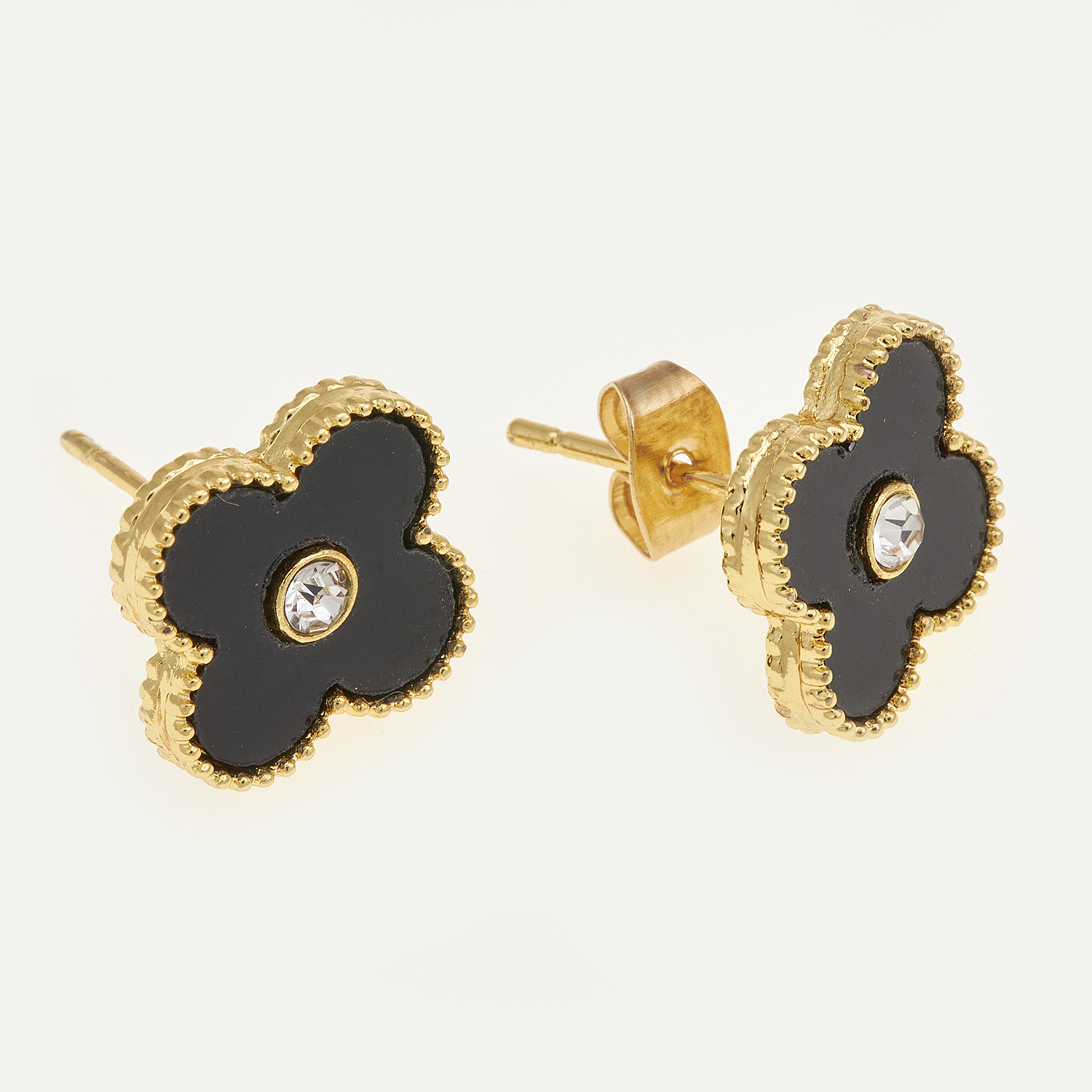 Sequoia Γυναικεία ατσάλινα καρφωτά σκουλαρίκια σε σχήμα σταυρού με μαύρο σμάλτο και ζιργκόν επιχρυσωμένα