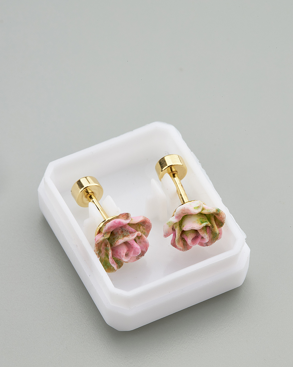 Sequoia Παιδικό Υποαλλεργικό Επιχρυσωμένο Ατσάλινο Σκουλαρίκι Τριαντάφυλλο Ροζ/πράσινο