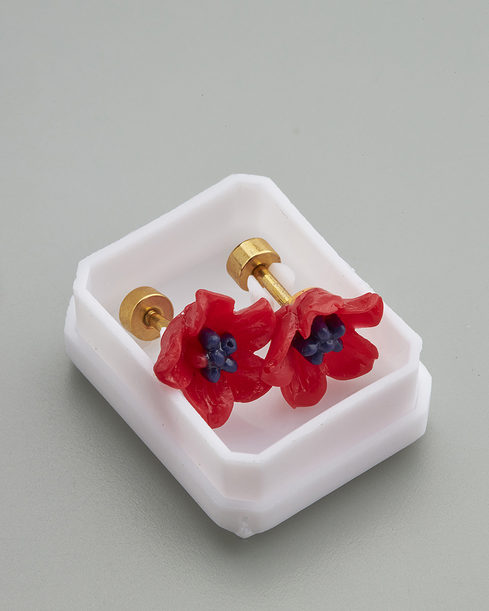 Sequoia Παιδικό Υποαλλεργικό Επιχρυσωμένο Ατσάλινο Σκουλαρίκι Ανεμόνες Κόκκινες