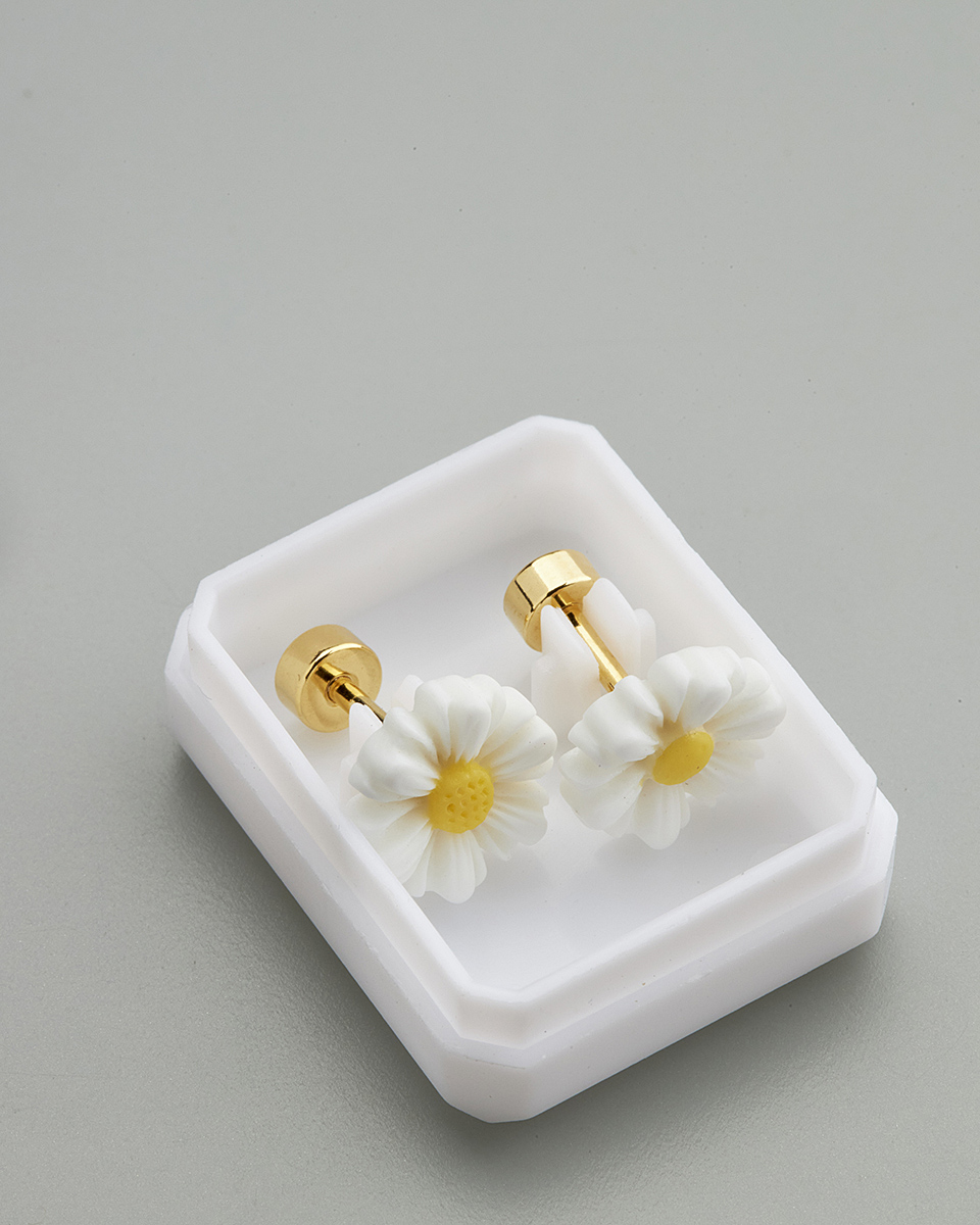 Sequoia Παιδικό Υποαλλεργικό Επιχρυσωμένο Ατσάλινο Σκουλαρίκι Μαργαρίτα Άσπρο