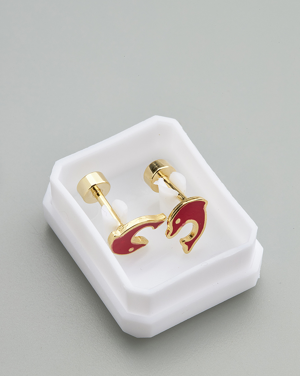 Sequoia Παιδικό Υποαλλεργικό Επιχρυσωμένο Ατσάλινο Σκουλαρίκι Δελφίνι Κόκκινο