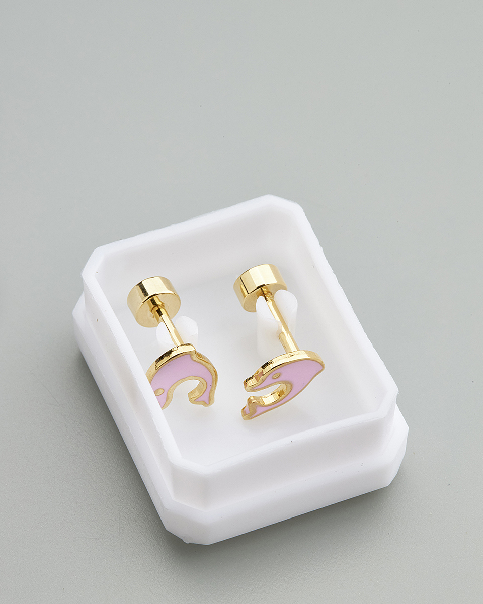 Sequoia Παιδικό Υποαλλεργικό Επιχρυσωμένο Ατσάλινο Σκουλαρίκι Δελφίνι Ροζ