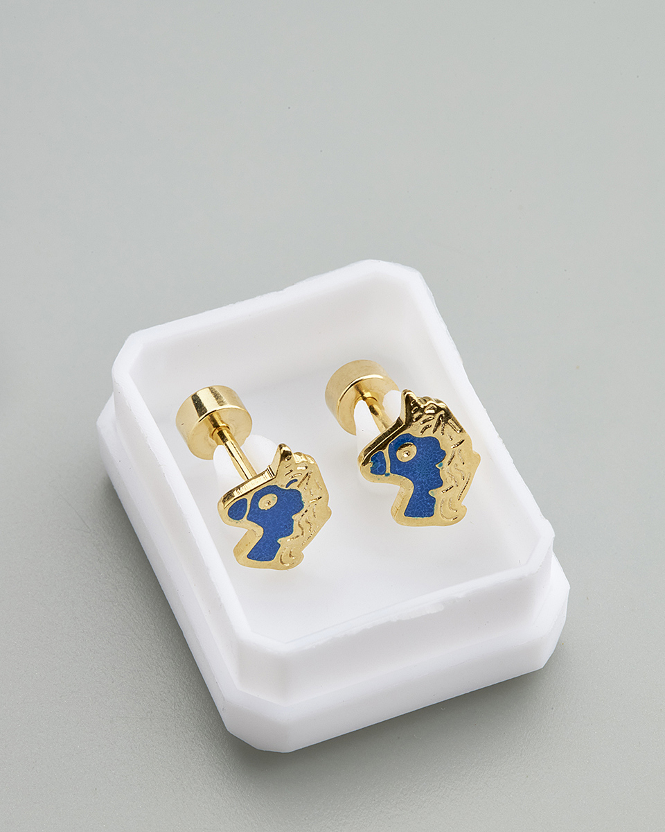 Sequoia Παιδικό Υποαλλεργικό Επιχρυσωμένο Ατσάλινο Σκουλαρίκι Μονόκερος Μπλε