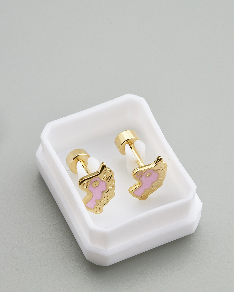 Sequoia Παιδικό Υποαλλεργικό Επιχρυσωμένο Ατσάλινο Σκουλαρίκι Μονόκερος Ροζ