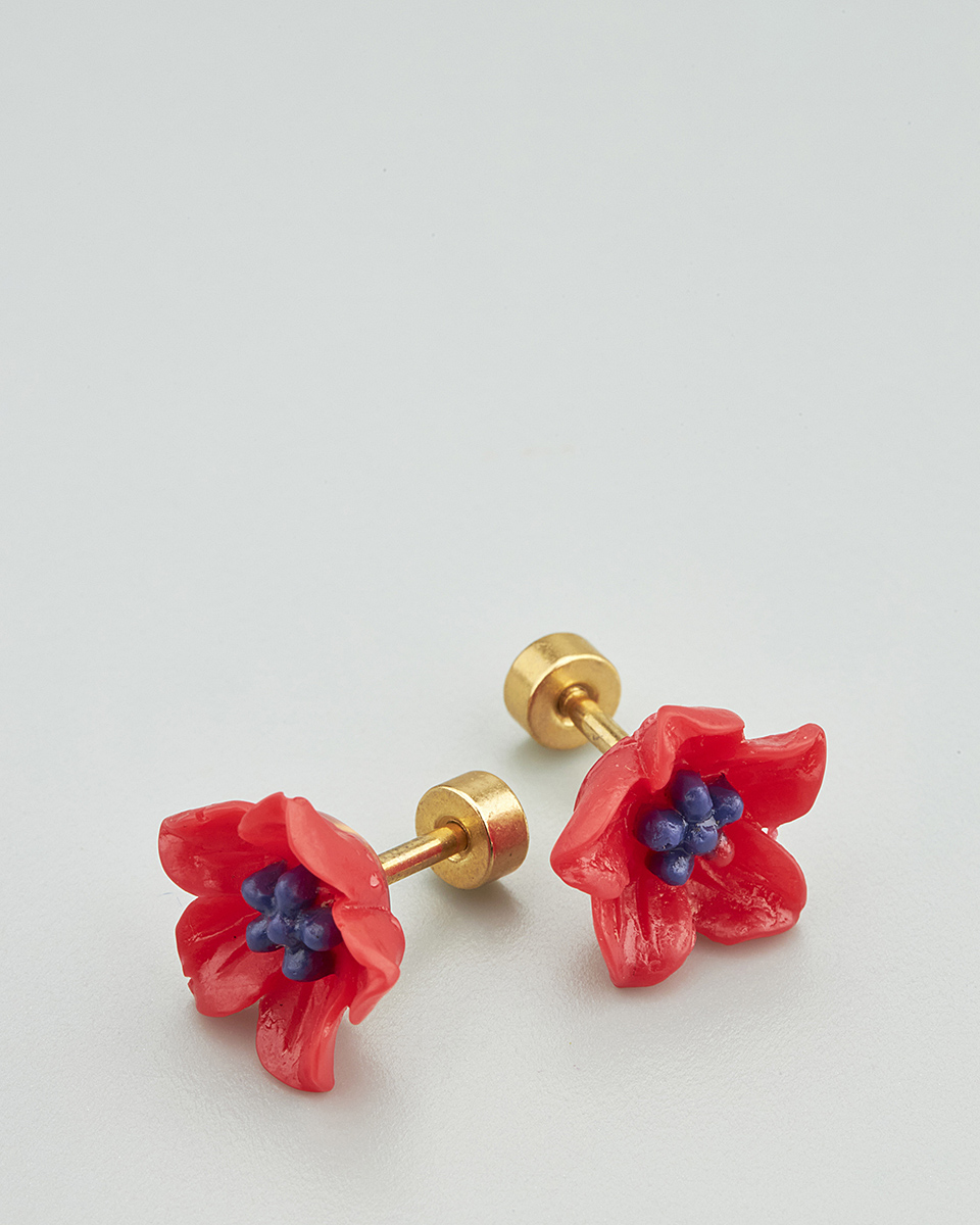 Sequoia Παιδικό Υποαλλεργικό Επιχρυσωμένο Ατσάλινο Σκουλαρίκι Ανεμόνες Κόκκινες