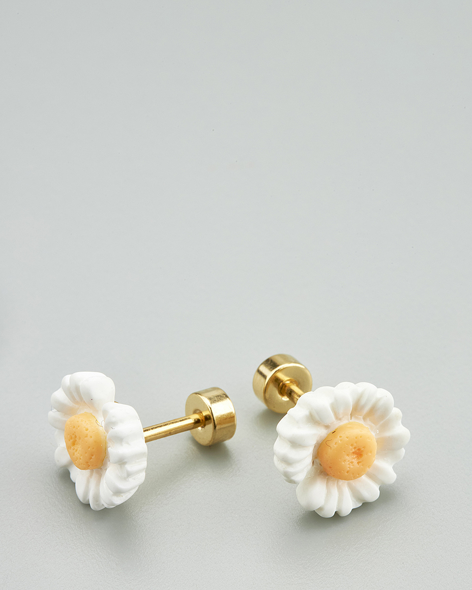 Sequoia Παιδικό Υποαλλεργικό Επιχρυσωμένο Ατσάλινο Σκουλαρίκι Ζέρμπερα Άσπρο