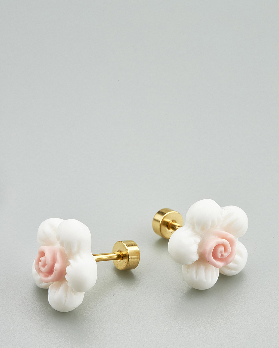 Sequoia Παιδικό Υποαλλεργικό Επιχρυσωμένο Ατσάλινο Σκουλαρίκι Λουλούδι Άσπρο