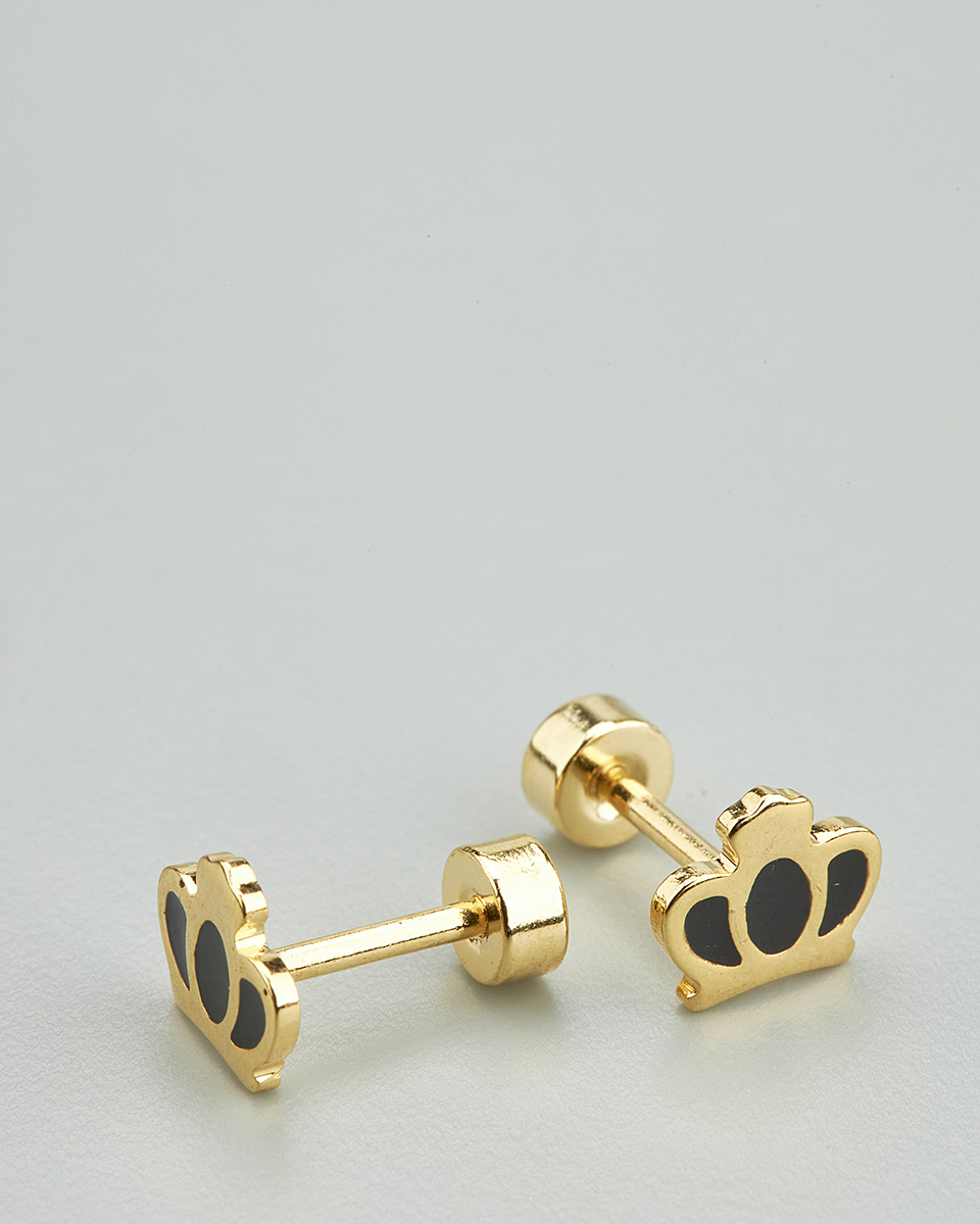 Sequoia Παιδικό Υποαλλεργικό Επιχρυσωμένο Ατσάλινο Σκουλαρίκι Στέμμα Μαύρο