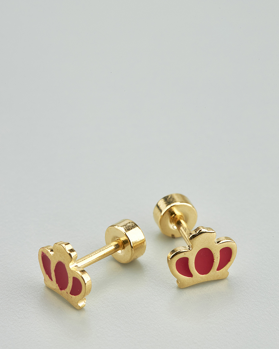 Sequoia Παιδικό Υποαλλεργικό Επιχρυσωμένο Ατσάλινο Σκουλαρίκι Στέμμα Κόκκινο