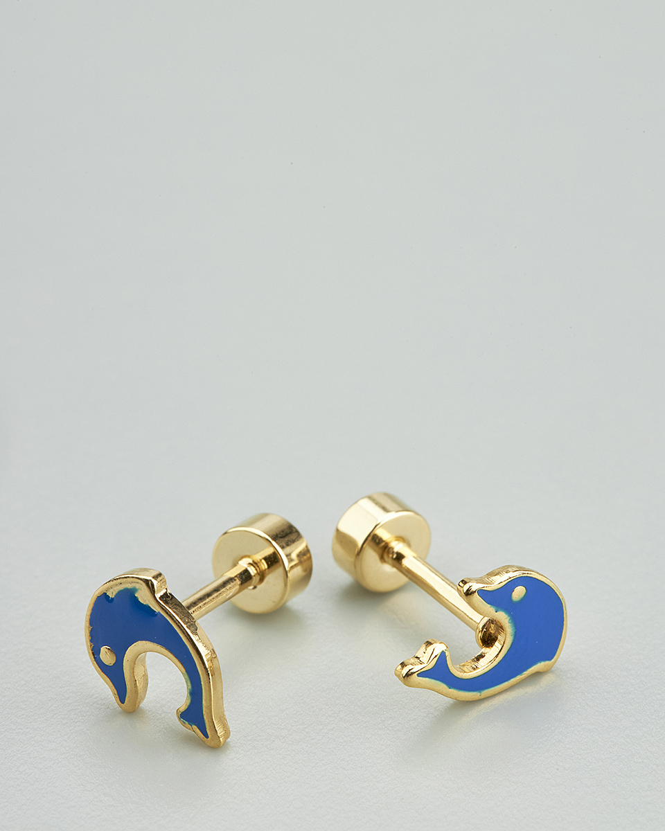 Sequoia Παιδικό Υποαλλεργικό Επιχρυσωμένο Ατσάλινο Σκουλαρίκι Δελφίνι Μπλέ