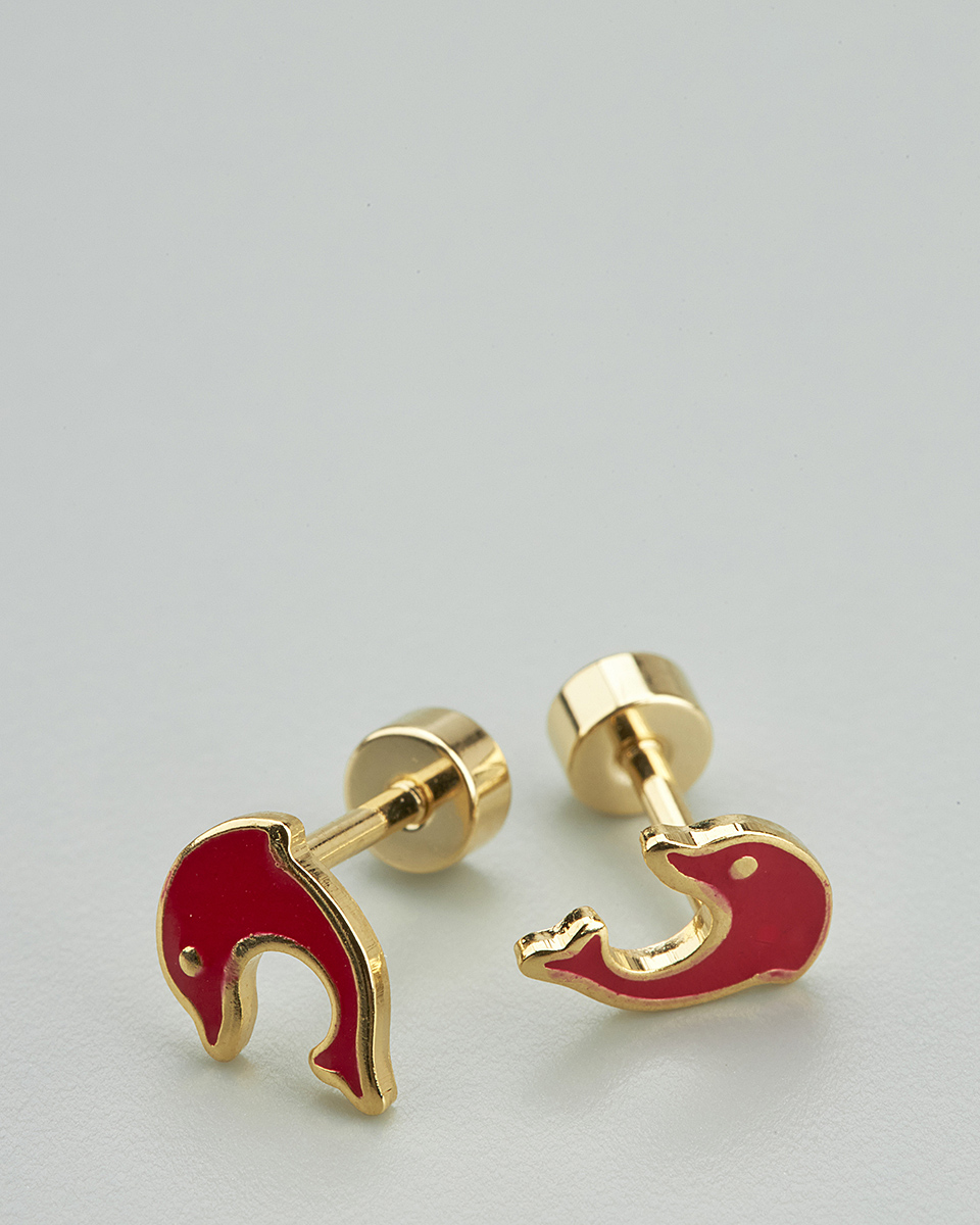 Sequoia Παιδικό Υποαλλεργικό Επιχρυσωμένο Ατσάλινο Σκουλαρίκι Δελφίνι Κόκκινο