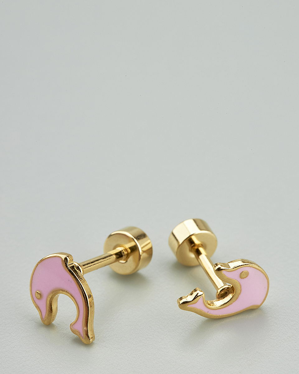 Sequoia Παιδικό Υποαλλεργικό Επιχρυσωμένο Ατσάλινο Σκουλαρίκι Δελφίνι Ροζ