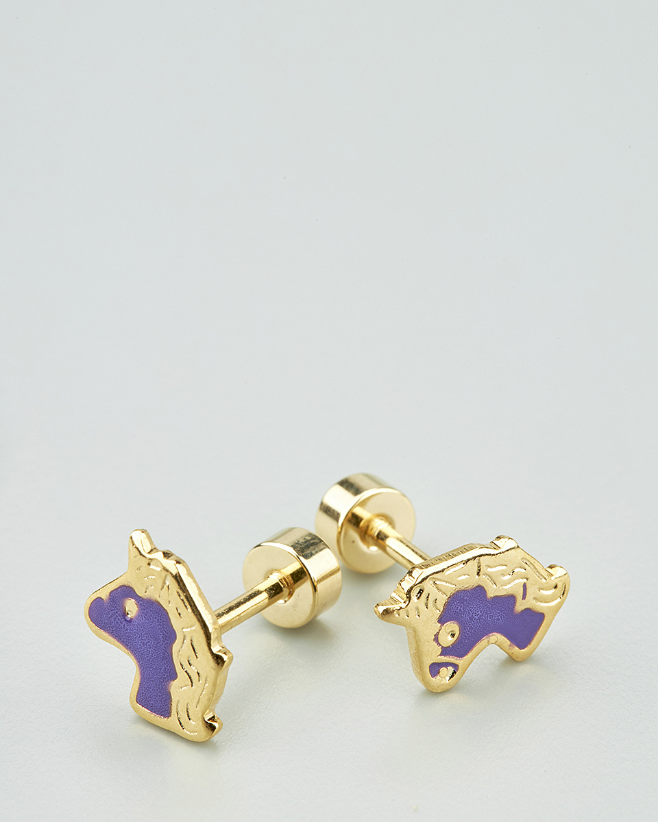 Sequoia Παιδικό Υποαλλεργικό Επιχρυσωμένο Ατσάλινο Σκουλαρίκι Μονόκερος Λιλά