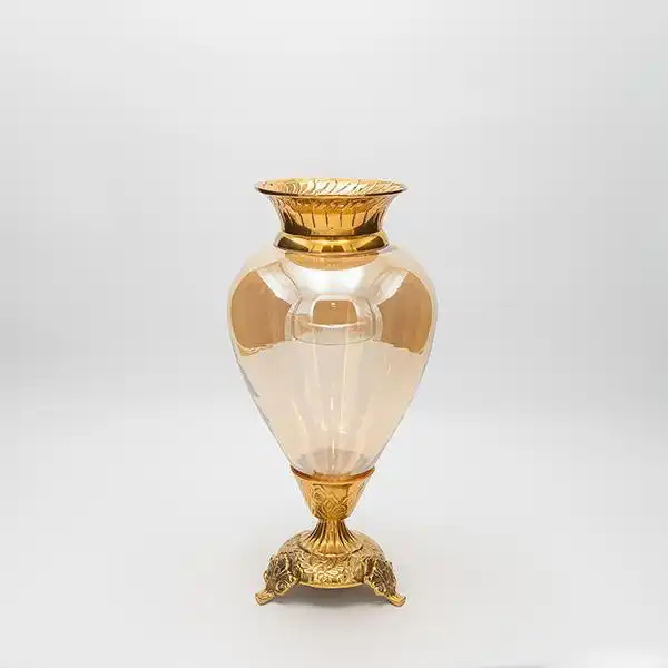 ΒΑΖΟ ΓΥΑΛΙΝΟ ΜΕ ΜΕΤΑΛΛΙΚΑ ΤΕΛΕΙΩΜΑΤΑ ΑΝΤΙΚΕ ΧΡΥΣΟ-ΜΕΛΙ ΓΥΑΛΙ 17x17x33cm