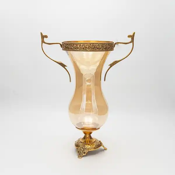 ΒΑΖΟ ΓΥΑΛΙΝΟ ΜΕ ΜΕΤΑΛΛΙΚΑ ΤΕΛΕΙΩΜΑΤΑ ΑΝΤΙΚΕ ΧΡΥΣΟ-ΜΕΛΙ ΓΥΑΛΙ 27x16x38cm