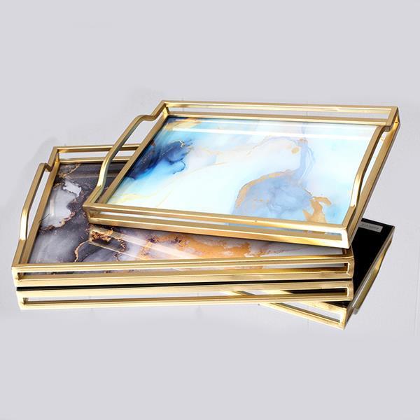 S/2 ΔΙΣΚΟΣ ΜΕΤΑΛΛΙΚΟΣ ΜΕ ΓΥΑΛΙ ΧΡΥΣΟ-ΜΠΛΕ 40x30x5.5cm / 35x25x4.5cm