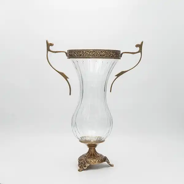 ΒΑΖΟ ΓΥΑΛΙΝΟ ΜΕ ΜΕΤΑΛΛΙΚΑ ΤΕΛΕΙΩΜΑΤΑ ΑΝΤΙΚΕ ΧΡΥΣΟ-ΔΙΑΦΑΝΕΣ ΓΥΑΛΙ 27x16x38cm
