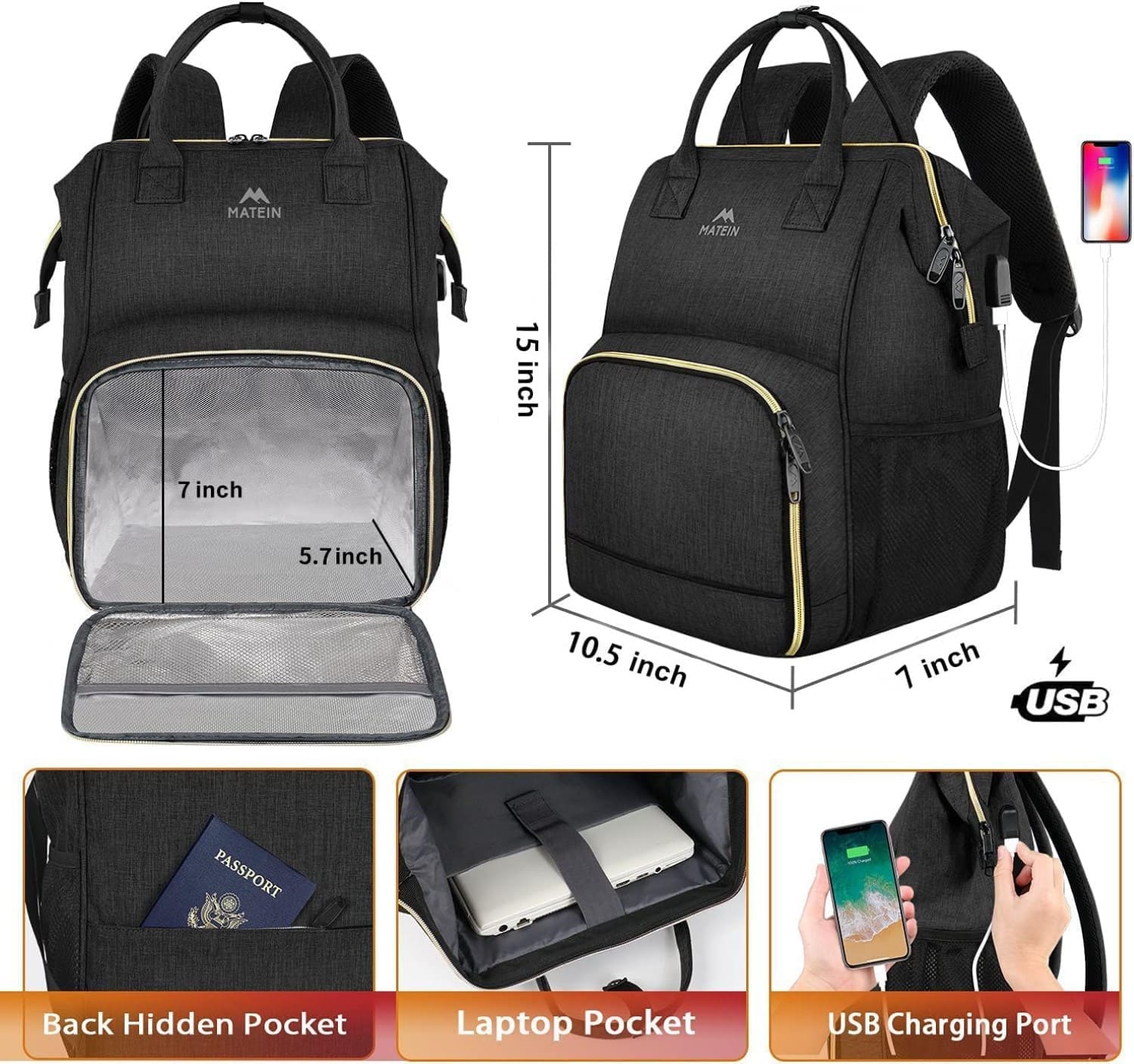 Γυναικείο Επαγγελματικό Σακίδιο πλάτης γεύματος Ισοθερμικό 18L 15,6” Matein 1368 μαύρο