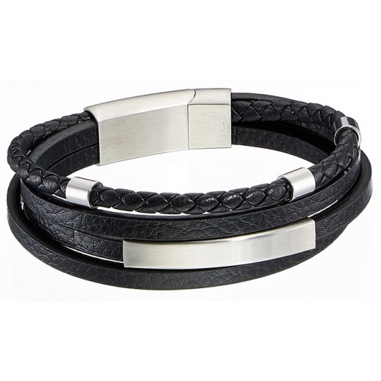 Sequoia Βραχιόλι Ανδρικό από Ατσάλι Δέρμα Μαύρο N-00404