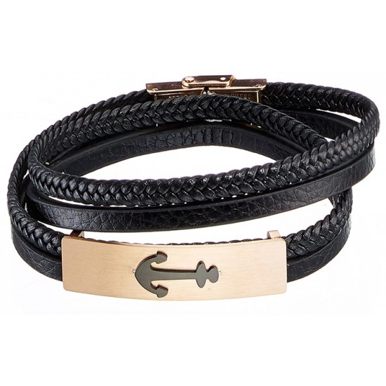 Sequoia Βραχιόλι Ανδρικό από Ατσάλι Δέρμα Μαύρο N-00406R