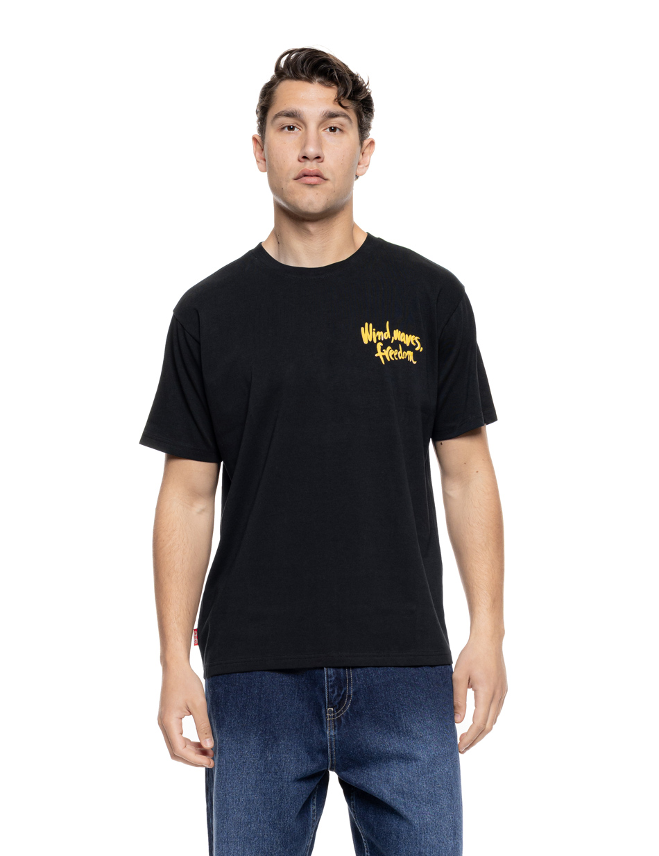 Smart Ανδρικό oversized μπλουζάκι με τύπωμα “wind, waves, freedom” 55-206-001 BLACK