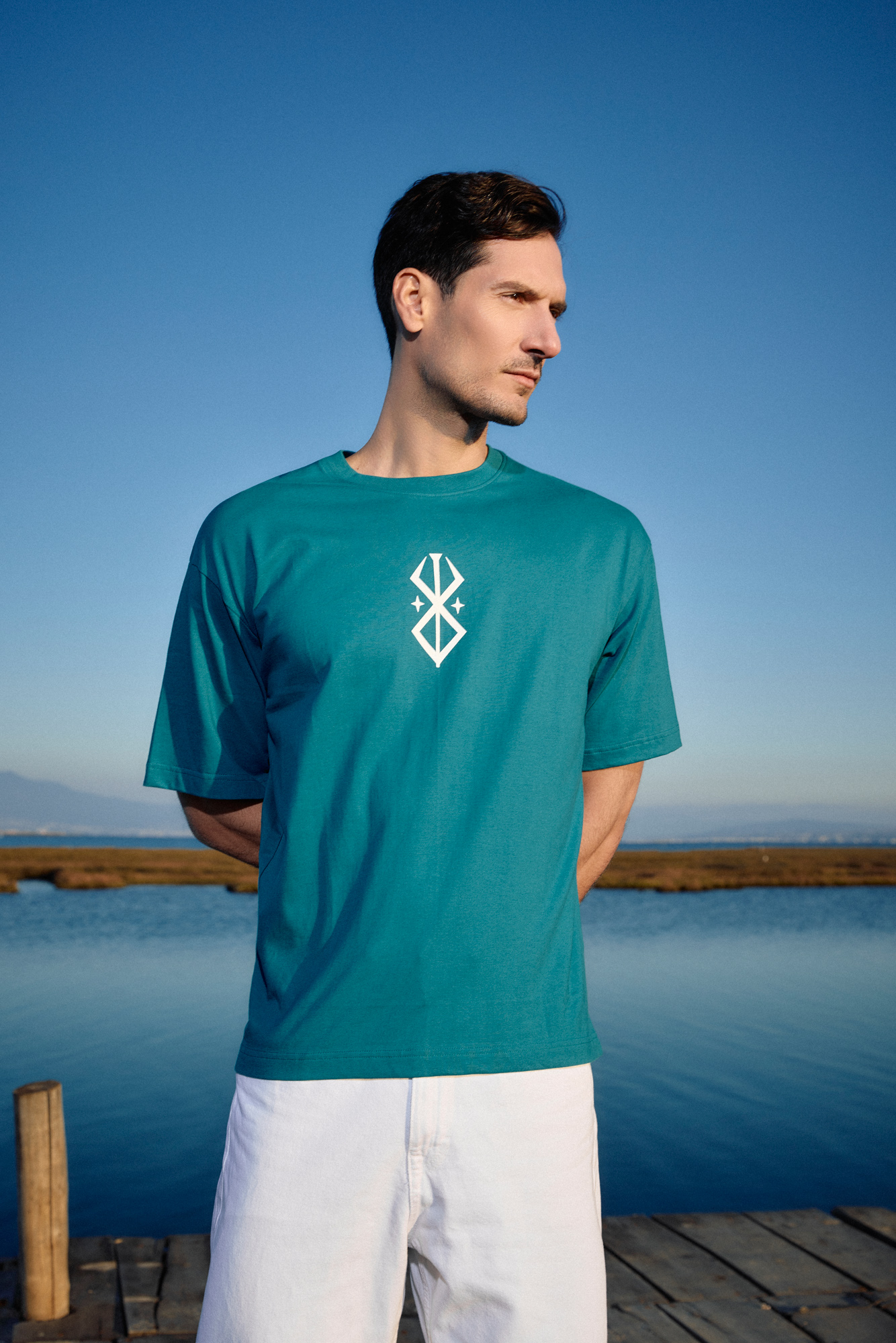 Biston Ανδρικό over sized μπλουζάκι μονόχρωμο με τύπωμα εμπρός και  στην πλάτη " Bloom" 55-206-014 PETROL