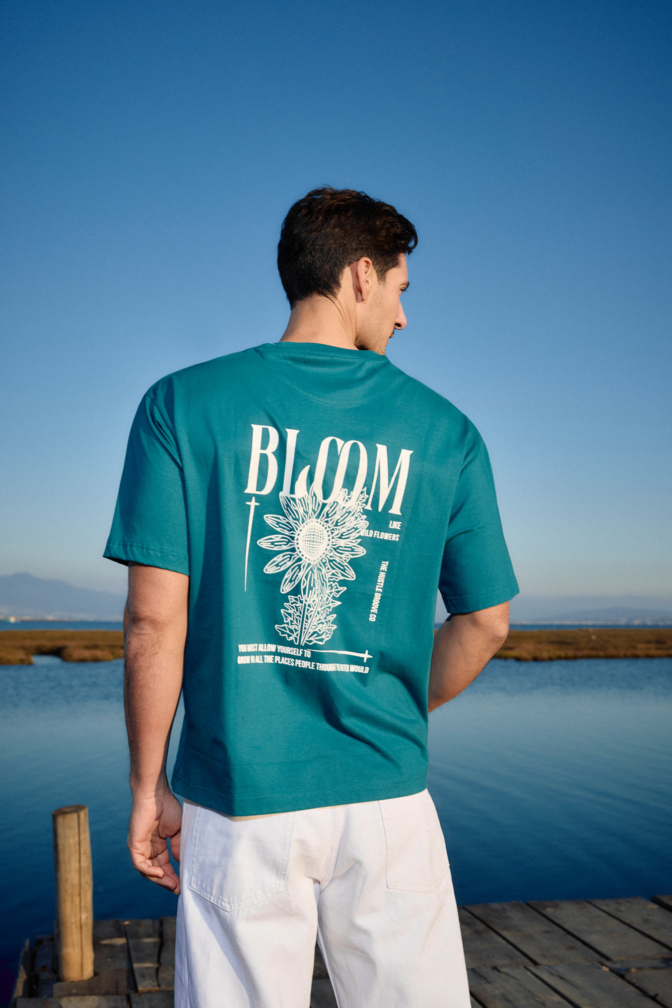 Biston Ανδρικό over sized μπλουζάκι μονόχρωμο με τύπωμα εμπρός και  στην πλάτη " Bloom" 55-206-014 PETROL