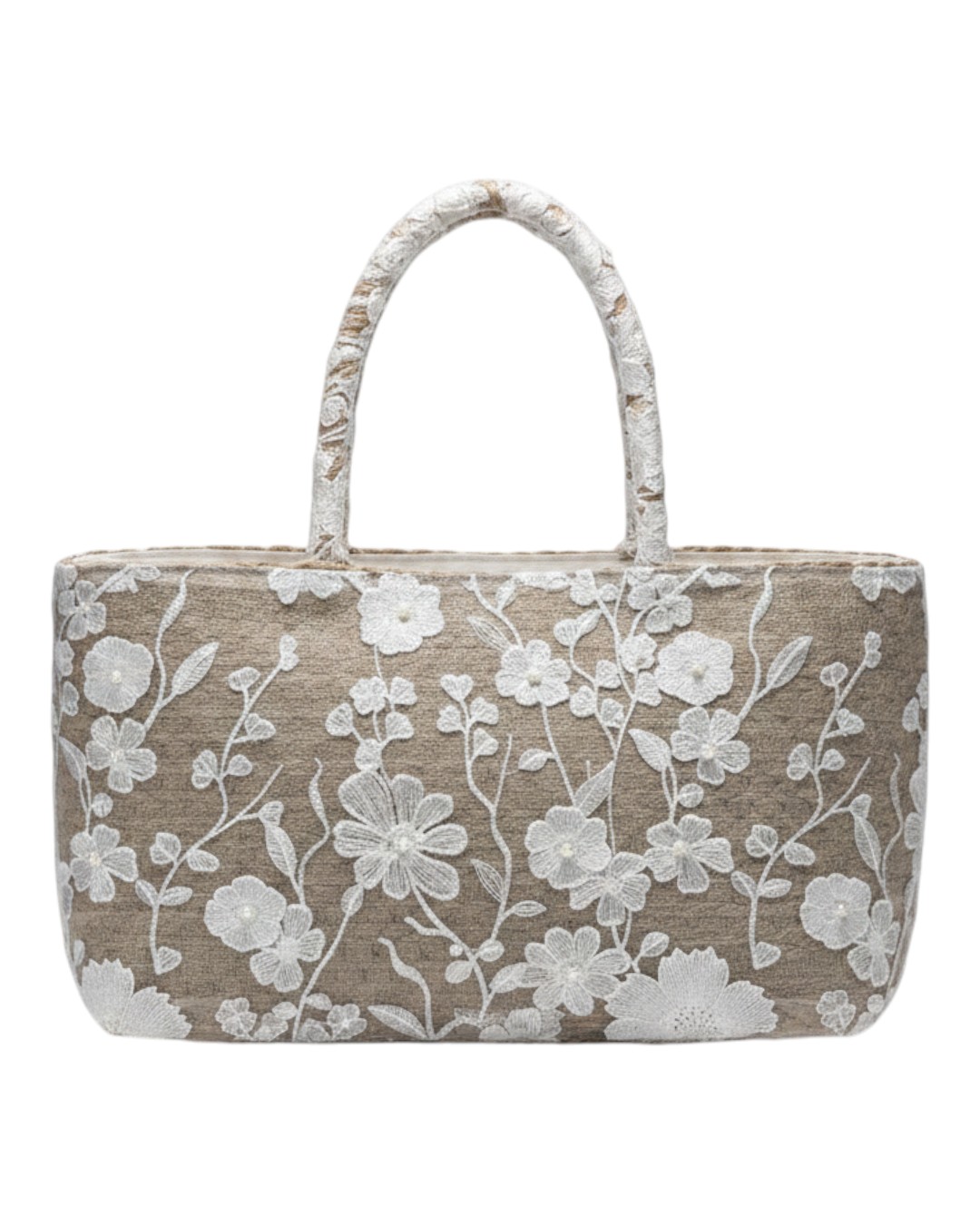 Ψάθινη Τσάντα Ώμου με Floral Κέντημα & Πέρλες KD-1028 – Ασπρο