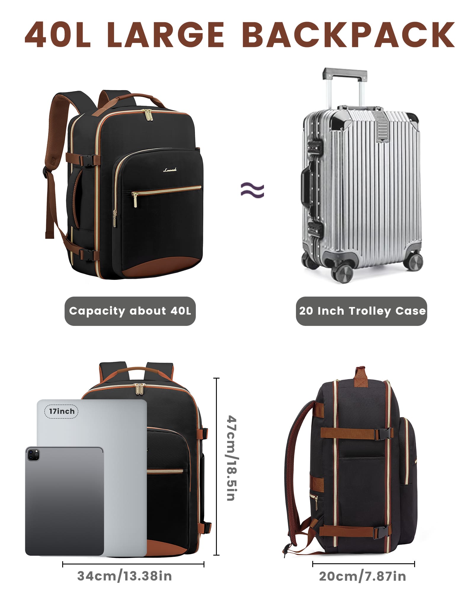 Σακίδιο ταξιδιού για γυναίκες 40L Carry on 17,3" WB2029 black/brown