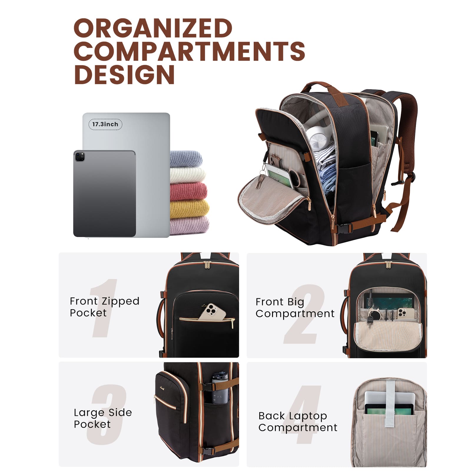 Σακίδιο ταξιδιού για γυναίκες 40L Carry on 17,3" WB2029 black/brown